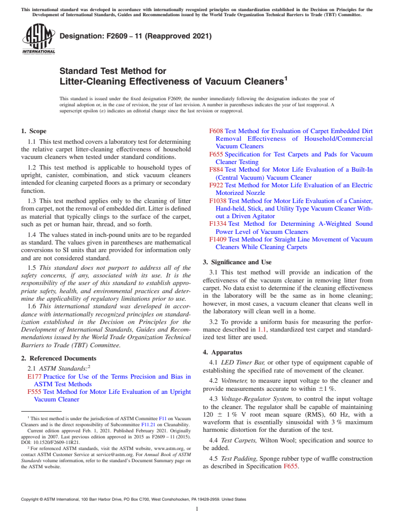 ASTM F2609-11(2021) - Standard Test Method for  Litter-Cleaning Effectiveness of Vacuum Cleaners