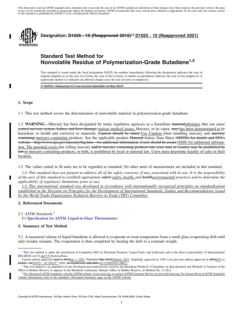 REDLINE ASTM D1025-10(2021) - Standard Test Method for  Nonvolatile Residue of Polymerization-Grade Butadiene