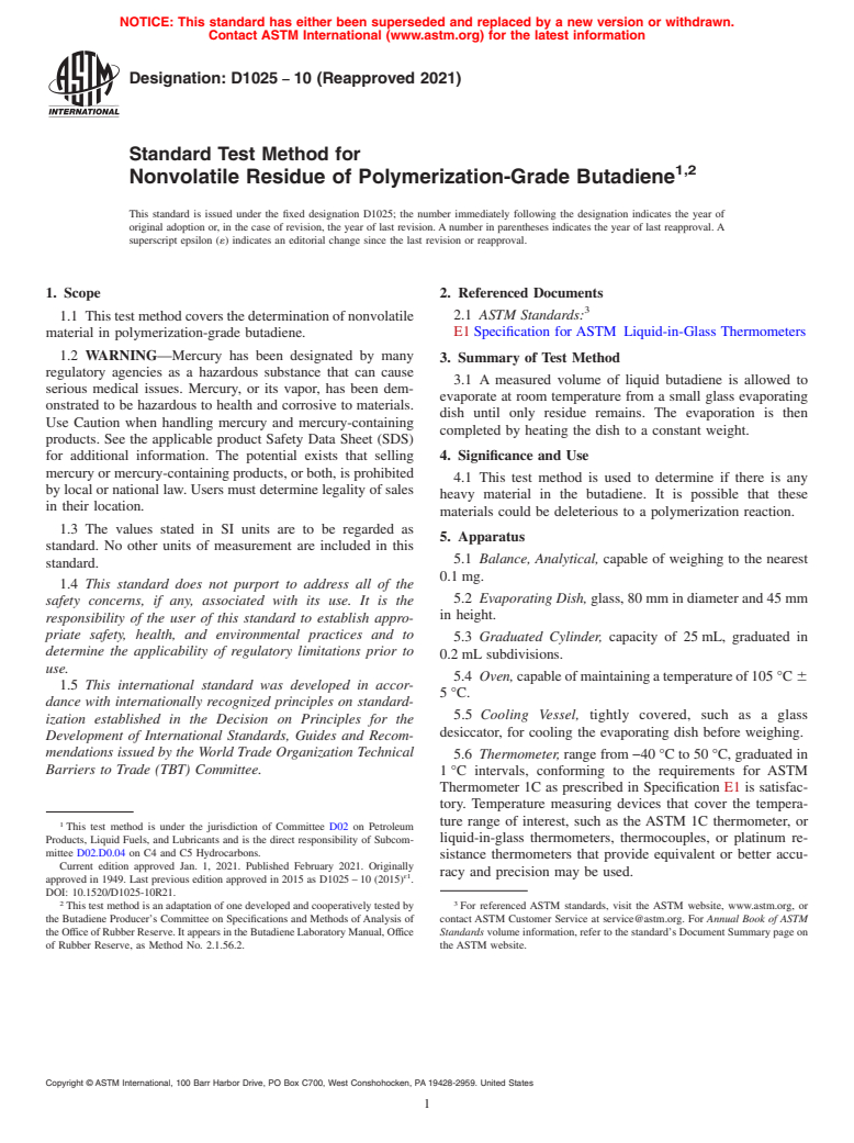 ASTM D1025-10(2021) - Standard Test Method for  Nonvolatile Residue of Polymerization-Grade Butadiene