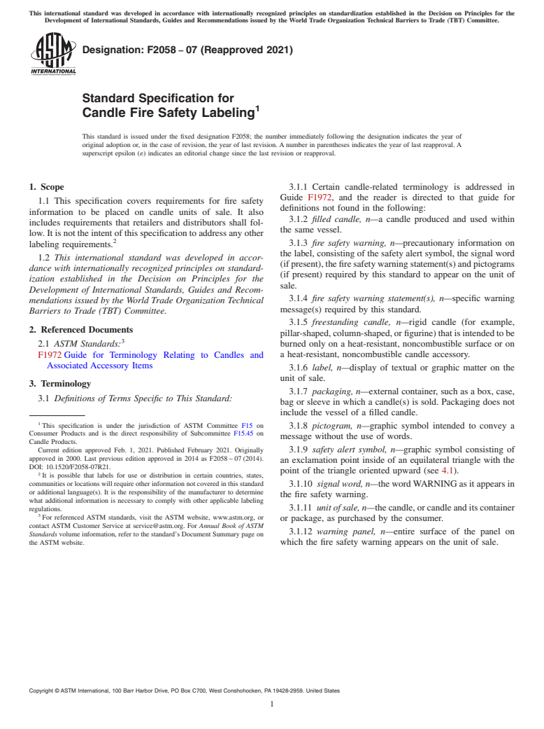 ASTM F2058-07(2021) - Standard Specification for Candle Fire Safety Labeling