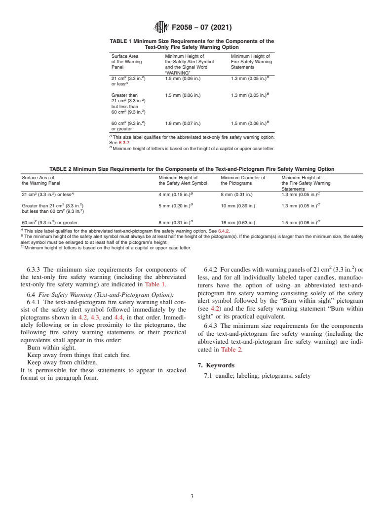 ASTM F2058-07(2021) - Standard Specification for Candle Fire Safety Labeling