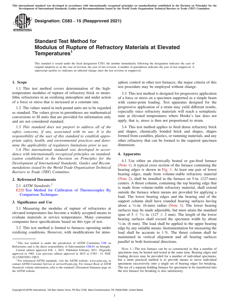 ASTM C583-15(2021) - Standard Test Method for Modulus of Rupture of Refractory Materials at Elevated Temperatures