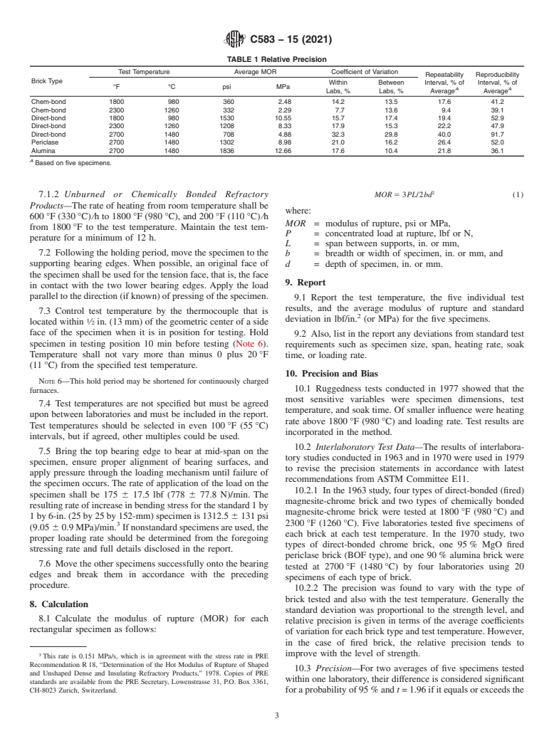 ASTM C583-15(2021) - Standard Test Method for Modulus of Rupture of Refractory Materials at Elevated Temperatures