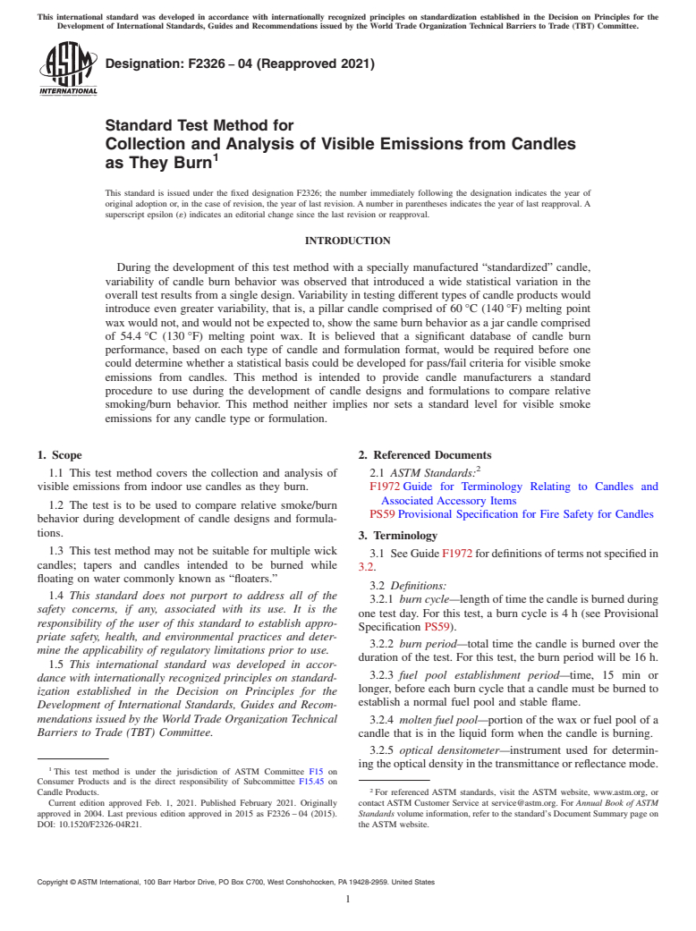 ASTM F2326-04(2021) - Standard Test Method for Collection and Analysis of Visible Emissions from Candles as  They Burn