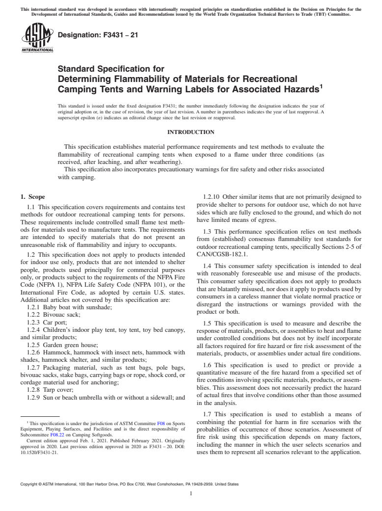 ASTM F3431-21 - Standard Specification for Determining Flammability of Materials for Recreational Camping  Tents and Warning Labels for Associated Hazards