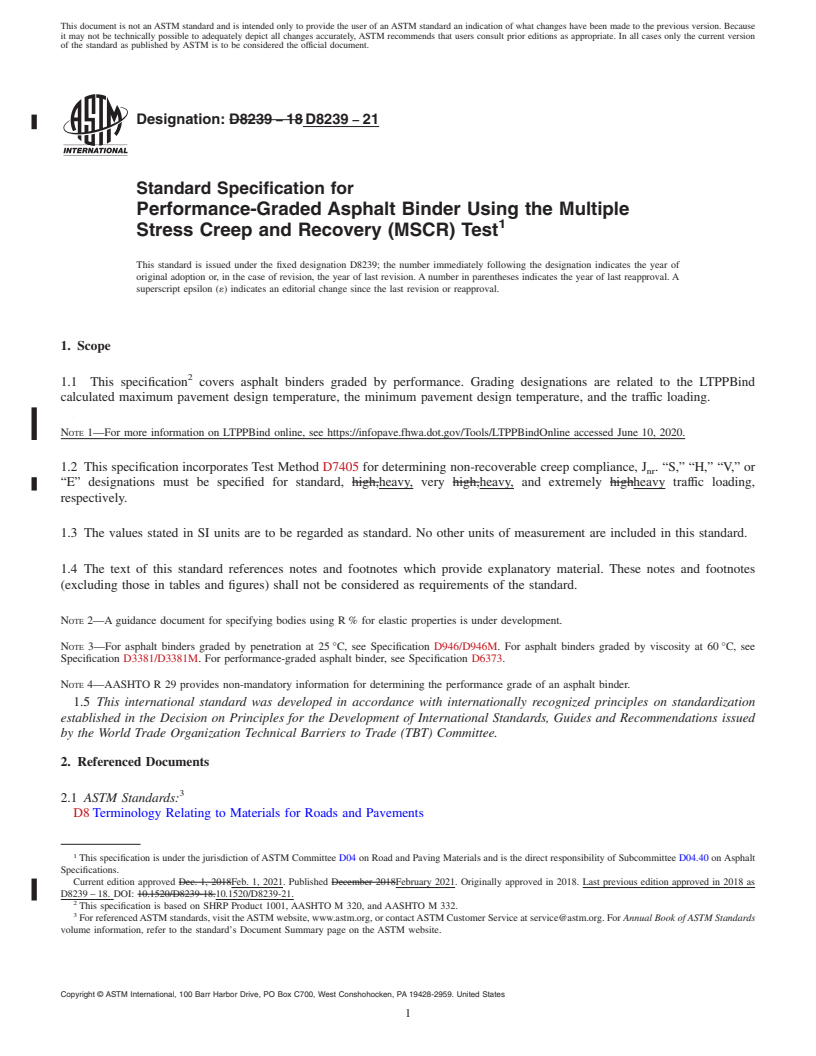 REDLINE ASTM D8239-21 - Standard Specification for Performance-Graded Asphalt Binder Using the Multiple Stress  Creep and Recovery (MSCR) Test