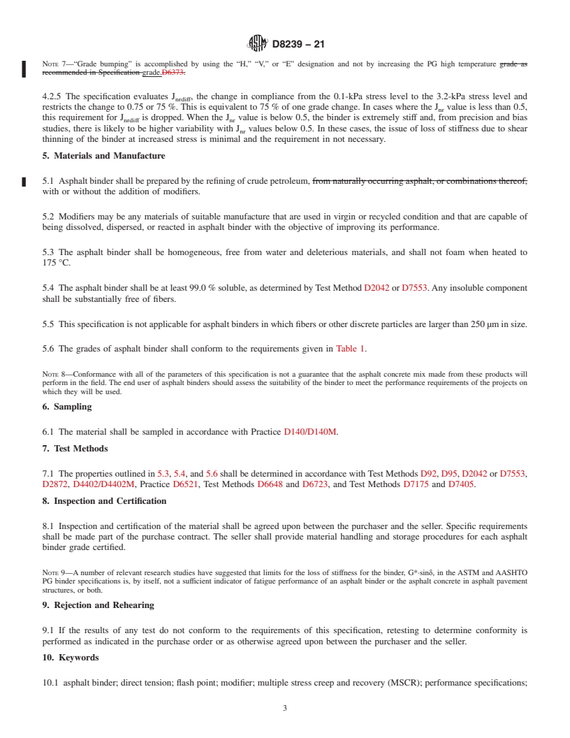 REDLINE ASTM D8239-21 - Standard Specification for Performance-Graded Asphalt Binder Using the Multiple Stress  Creep and Recovery (MSCR) Test