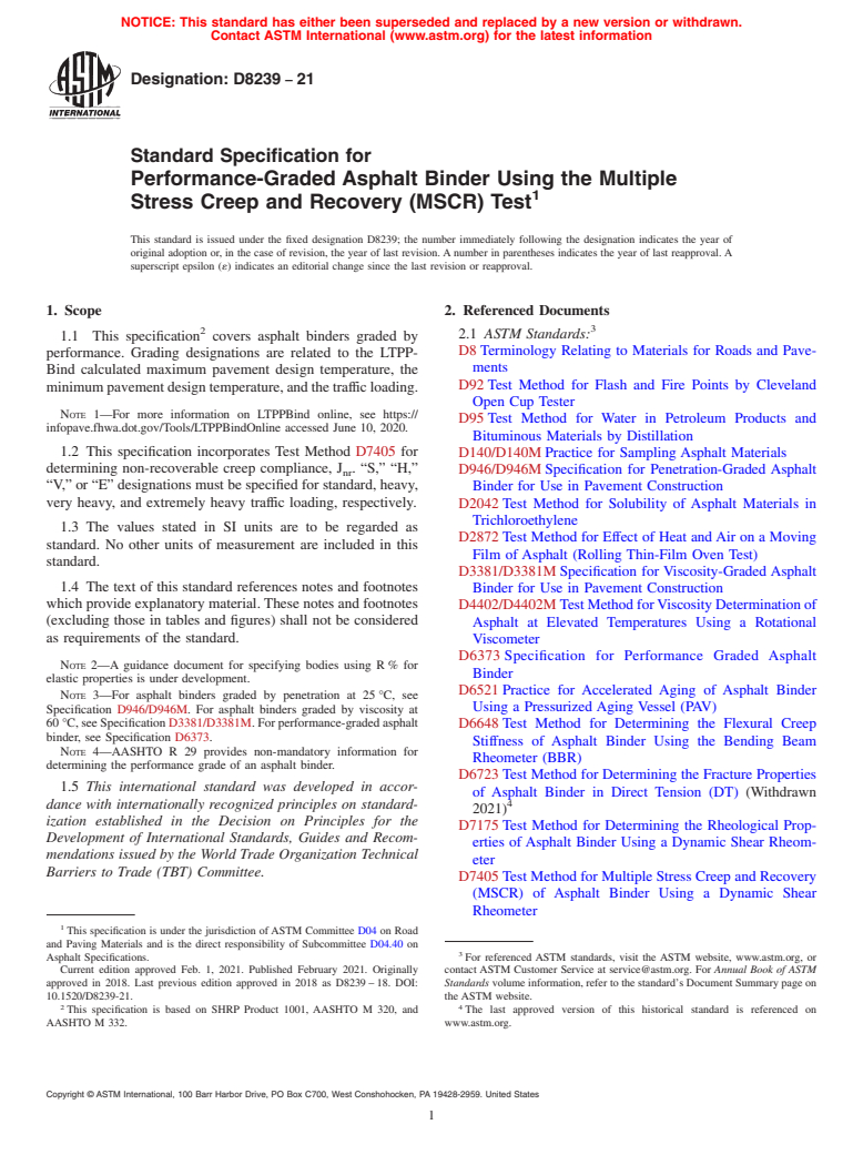 ASTM D8239-21 - Standard Specification for Performance-Graded Asphalt Binder Using the Multiple Stress  Creep and Recovery (MSCR) Test