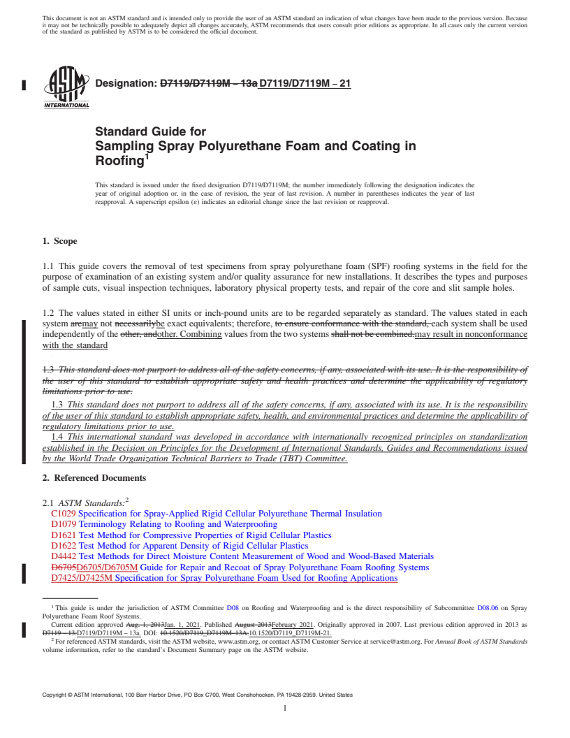 REDLINE ASTM D7119/D7119M-21 - Standard Guide for Sampling Spray Polyurethane Foam and Coating in Roofing