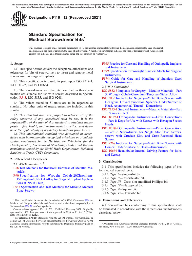 ASTM F116-12(2021) - Standard Specification for Medical Screwdriver Bits