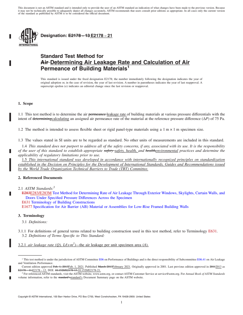 REDLINE ASTM E2178-21 - Standard Test Method for Determining Air Leakage Rate and Calculation of Air Permeance  of Building Materials