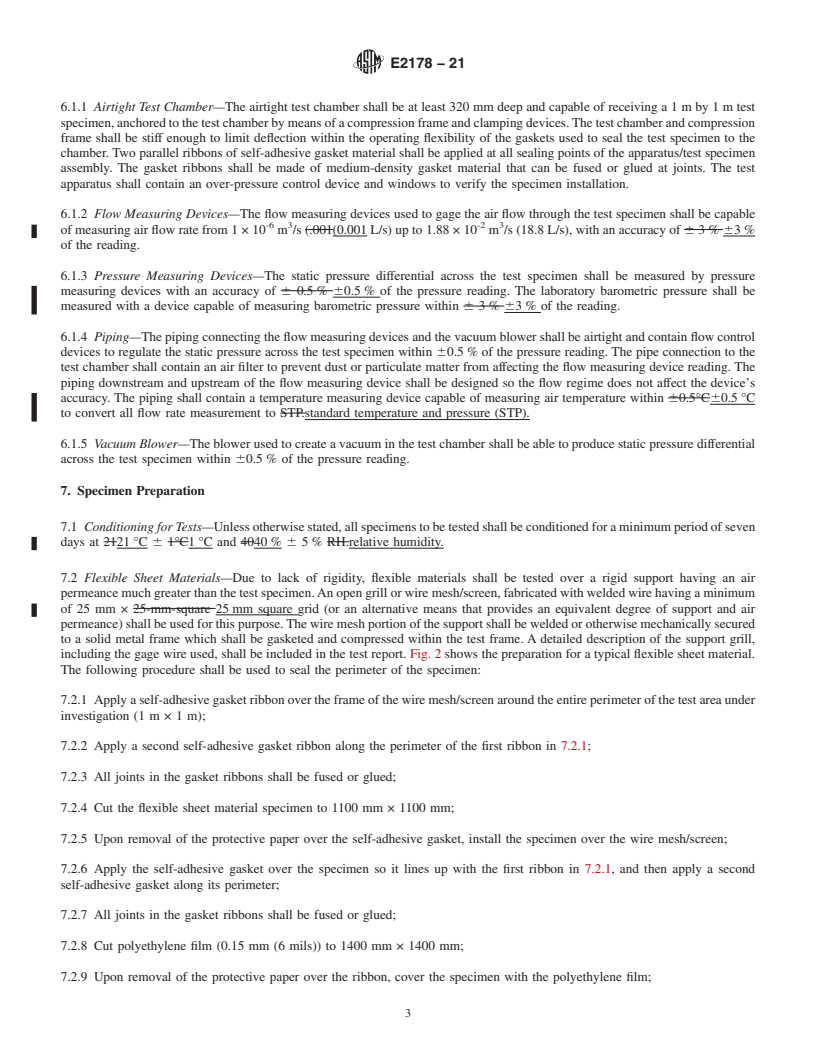 REDLINE ASTM E2178-21 - Standard Test Method for Determining Air Leakage Rate and Calculation of Air Permeance  of Building Materials