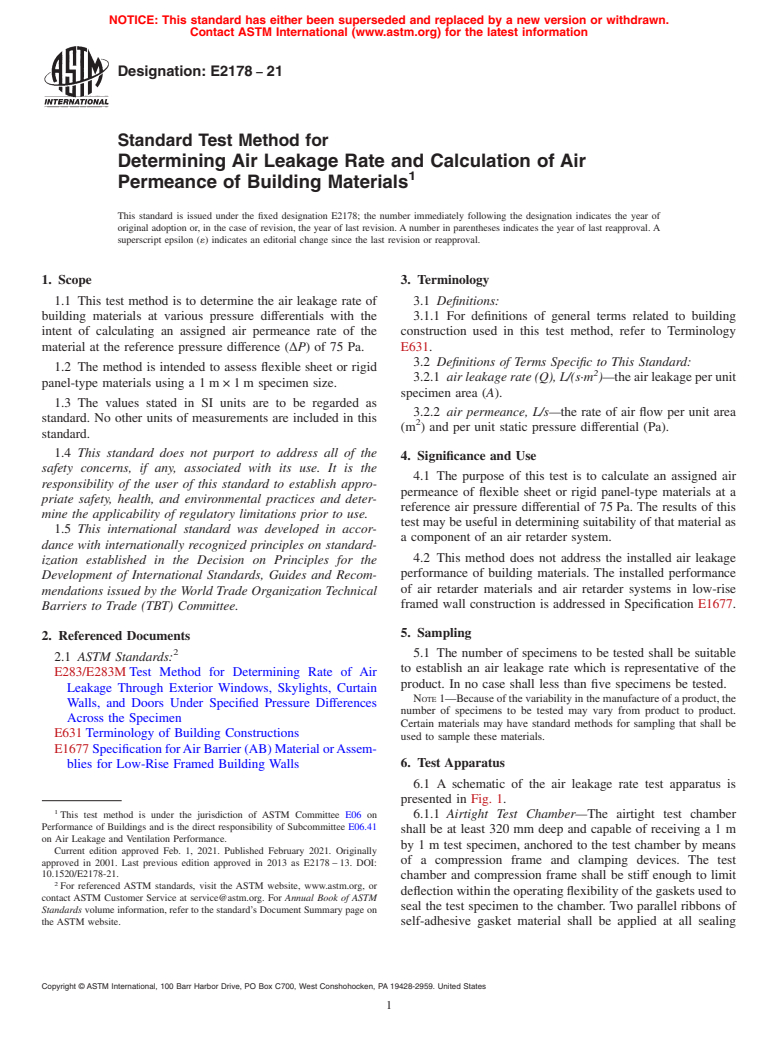 ASTM E2178-21 - Standard Test Method for Determining Air Leakage Rate and Calculation of Air Permeance  of Building Materials