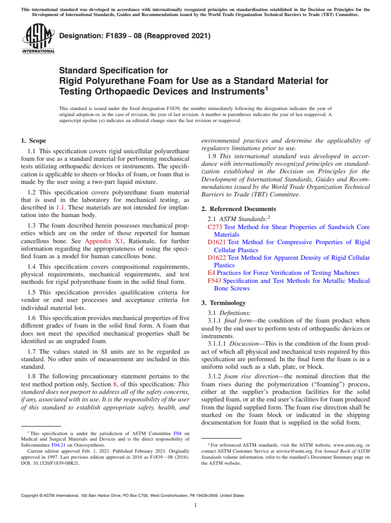 ASTM F1839-08(2021) - Standard Specification for Rigid Polyurethane Foam for Use as a Standard Material for  Testing Orthopaedic Devices and Instruments