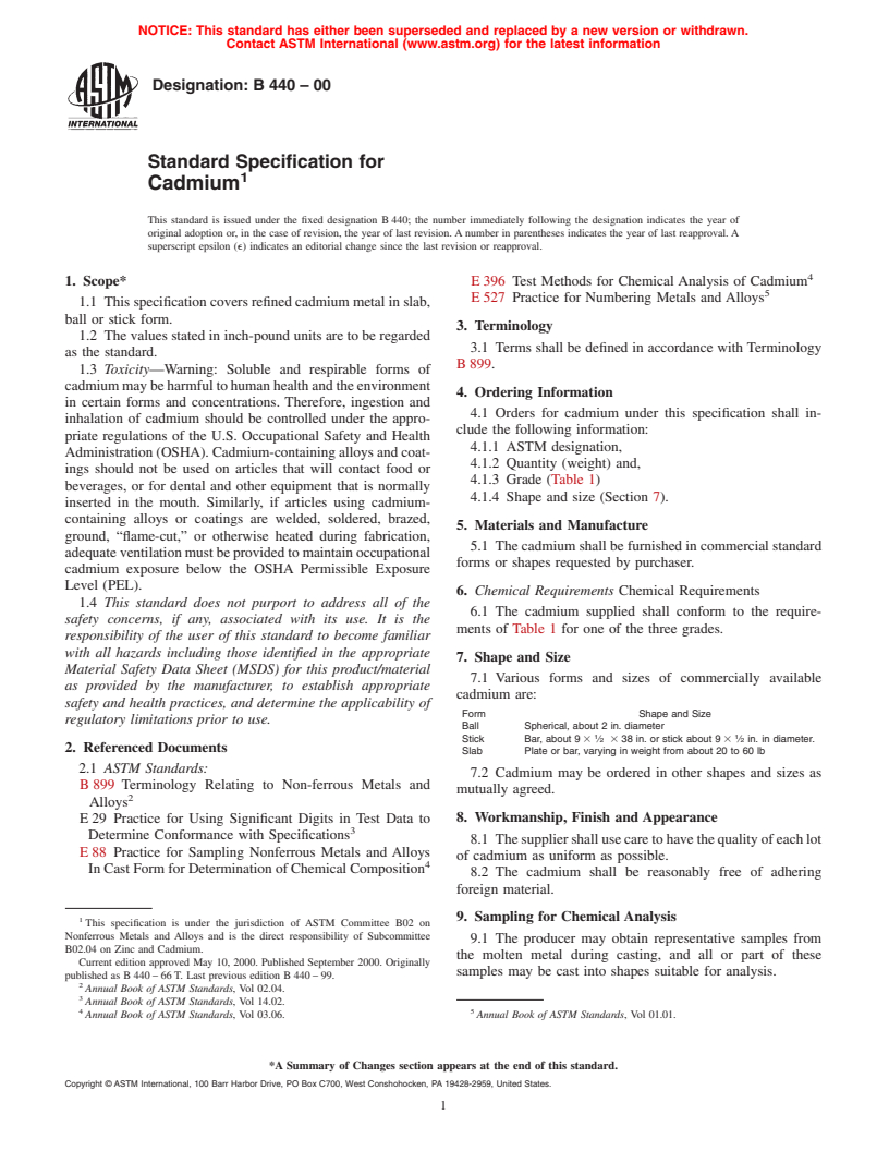 ASTM B440-00 - Standard Specification for Cadmium