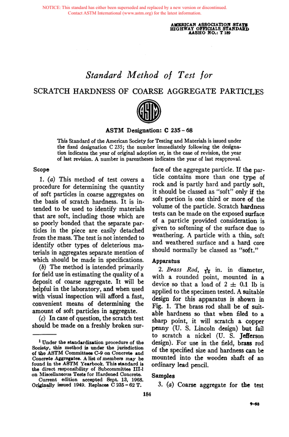 ASTM C235-68 - Method of Test for Scratch Hardness of Coarse Aggregate Particles (Withdrawn 1976)