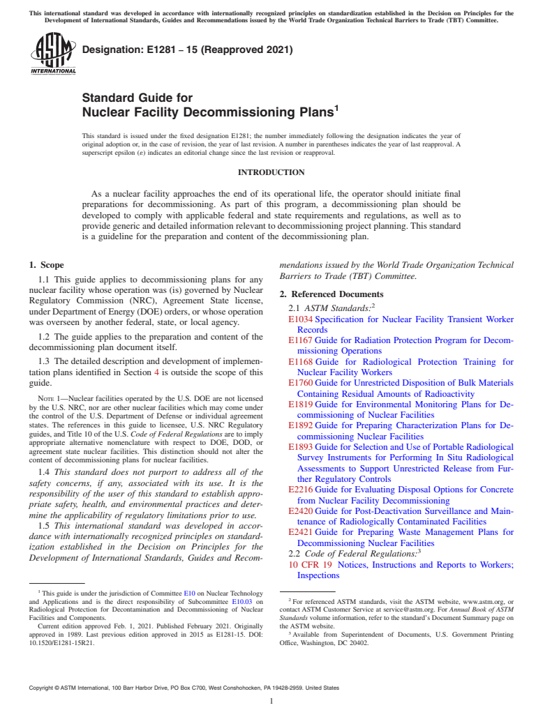 ASTM E1281-15(2021) - Standard Guide for  Nuclear Facility Decommissioning Plans