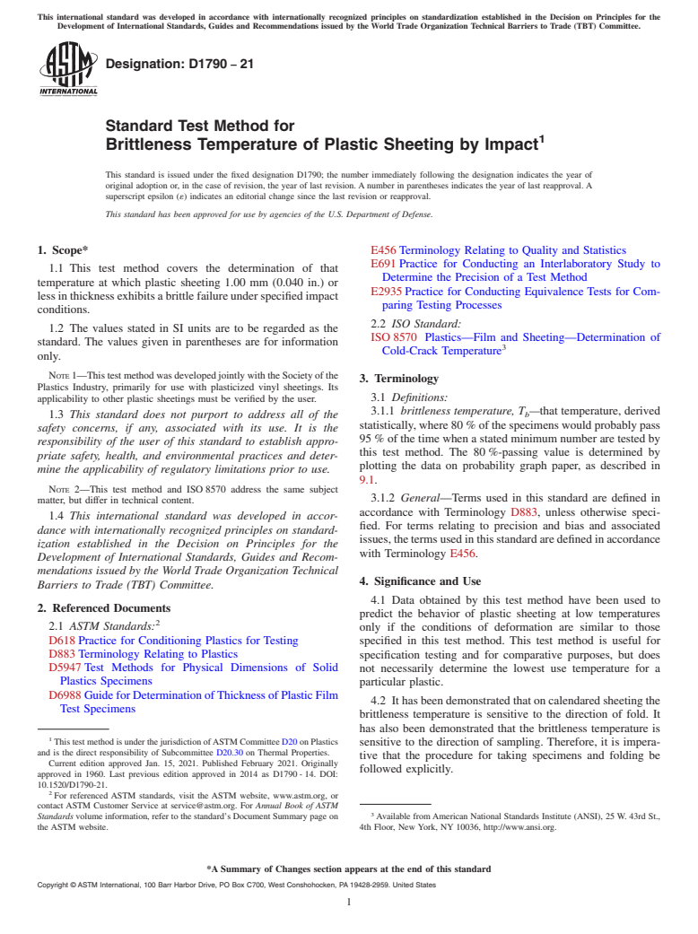 ASTM D1790-21 - Standard Test Method for  Brittleness Temperature of Plastic Sheeting by Impact