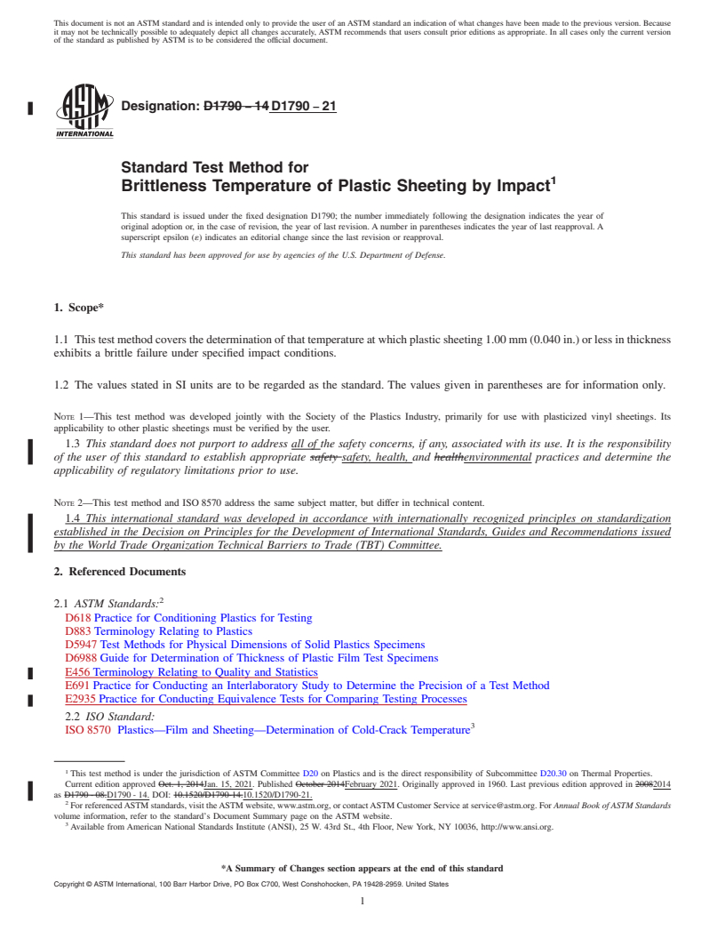 REDLINE ASTM D1790-21 - Standard Test Method for  Brittleness Temperature of Plastic Sheeting by Impact