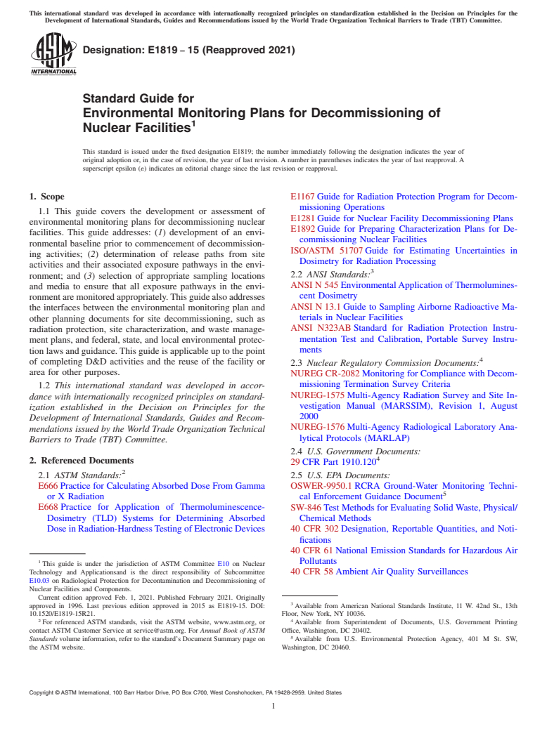 ASTM E1819-15(2021) - Standard Guide for  Environmental Monitoring Plans for Decommissioning of Nuclear  Facilities