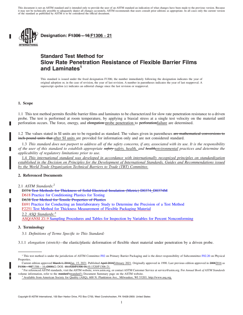 REDLINE ASTM F1306-21 - Standard Test Method for  Slow Rate Penetration Resistance of Flexible Barrier Films  and Laminates