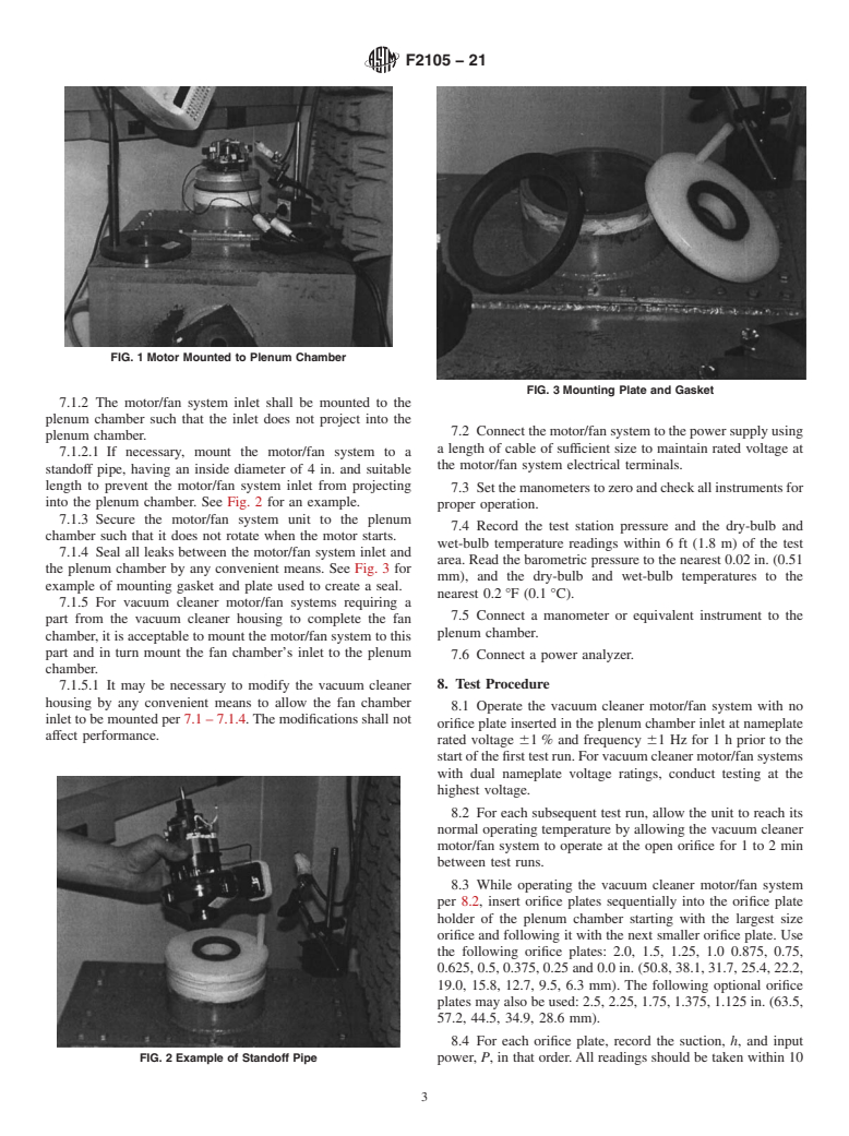 ASTM F2105-21 - Standard Test Method for  Measuring Air Performance Characteristics of Vacuum Cleaner  Motor/Fan Systems