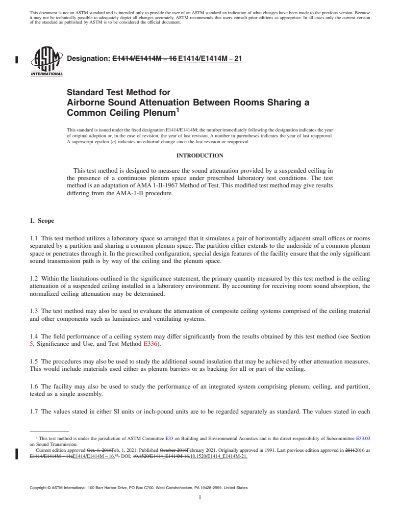 REDLINE ASTM E1414/E1414M-21 - Standard Test Method for  Airborne Sound Attenuation Between Rooms Sharing a Common Ceiling  Plenum