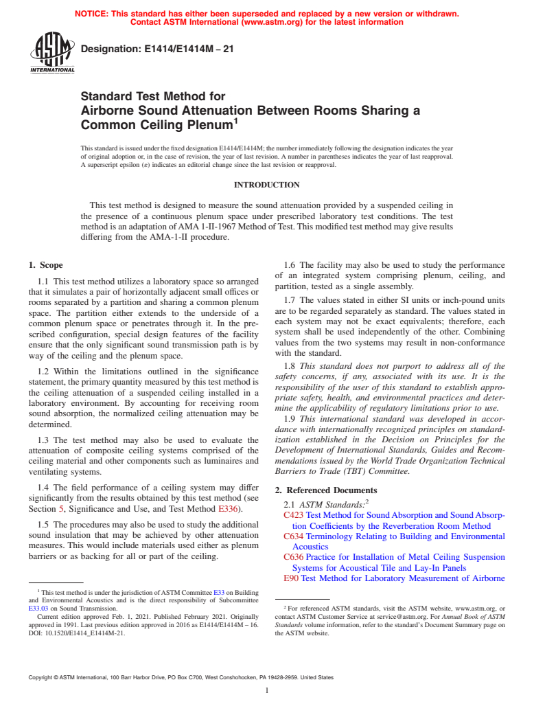 ASTM E1414/E1414M-21 - Standard Test Method for  Airborne Sound Attenuation Between Rooms Sharing a Common Ceiling  Plenum