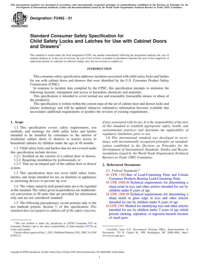 ASTM F3492-21 - Standard Consumer Safety Specification for Child Safety Locks and Latches for Use with Cabinet Doors and  Drawers