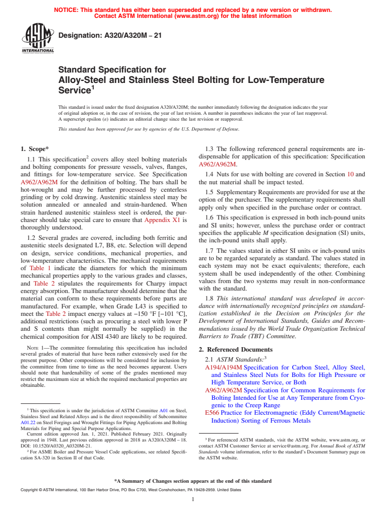 ASTM A320/A320M-21 - Standard Specification for  Alloy-Steel and Stainless Steel Bolting for Low-Temperature  Service