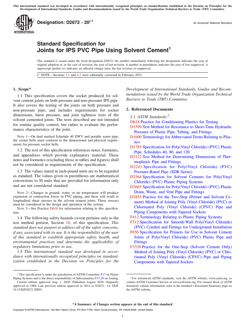 ASTM D2672-20e1 - Standard Specification for  Joints for IPS PVC Pipe Using Solvent Cement