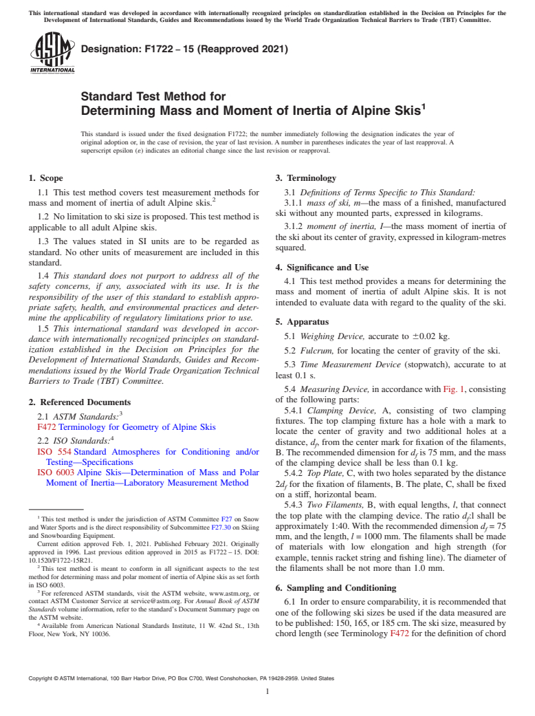 ASTM F1722-15(2021) - Standard Test Method for Determining Mass and Moment of Inertia of Alpine Skis