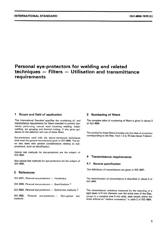 ISO 4850:1979 - Personal eye-protectors for welding and related techniques -- Filters -- Utilisation and transmittance requirements