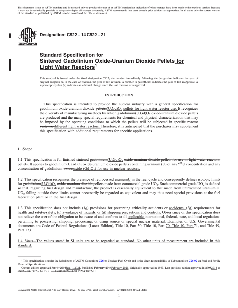 REDLINE ASTM C922-21 - Standard Specification for  Sintered Gadolinium Oxide-Uranium Dioxide Pellets for Light  Water Reactors
