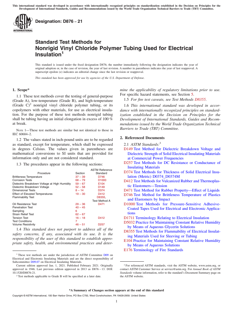 ASTM D876-21 - Standard Test Methods for  Nonrigid Vinyl Chloride Polymer Tubing Used for Electrical   Insulation