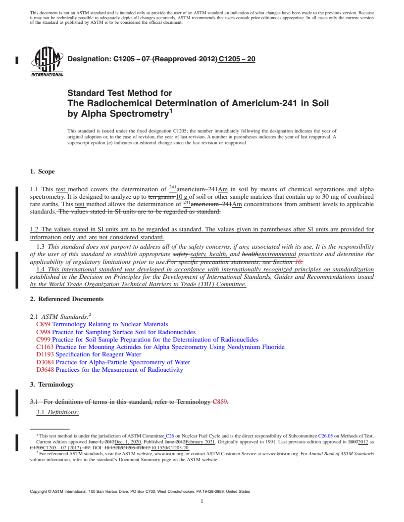 REDLINE ASTM C1205-20 - Standard Test Method for  The Radiochemical Determination of Americium-241 in Soil by  Alpha Spectrometry