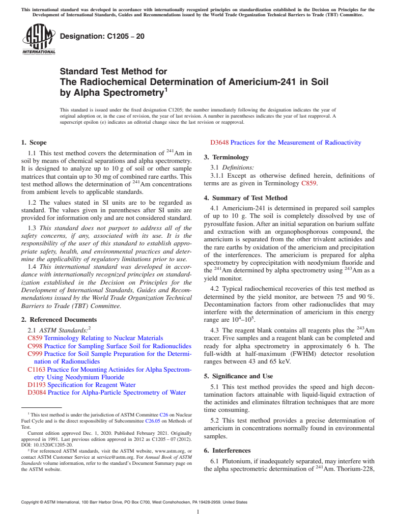 ASTM C1205-20 - Standard Test Method for  The Radiochemical Determination of Americium-241 in Soil by  Alpha Spectrometry