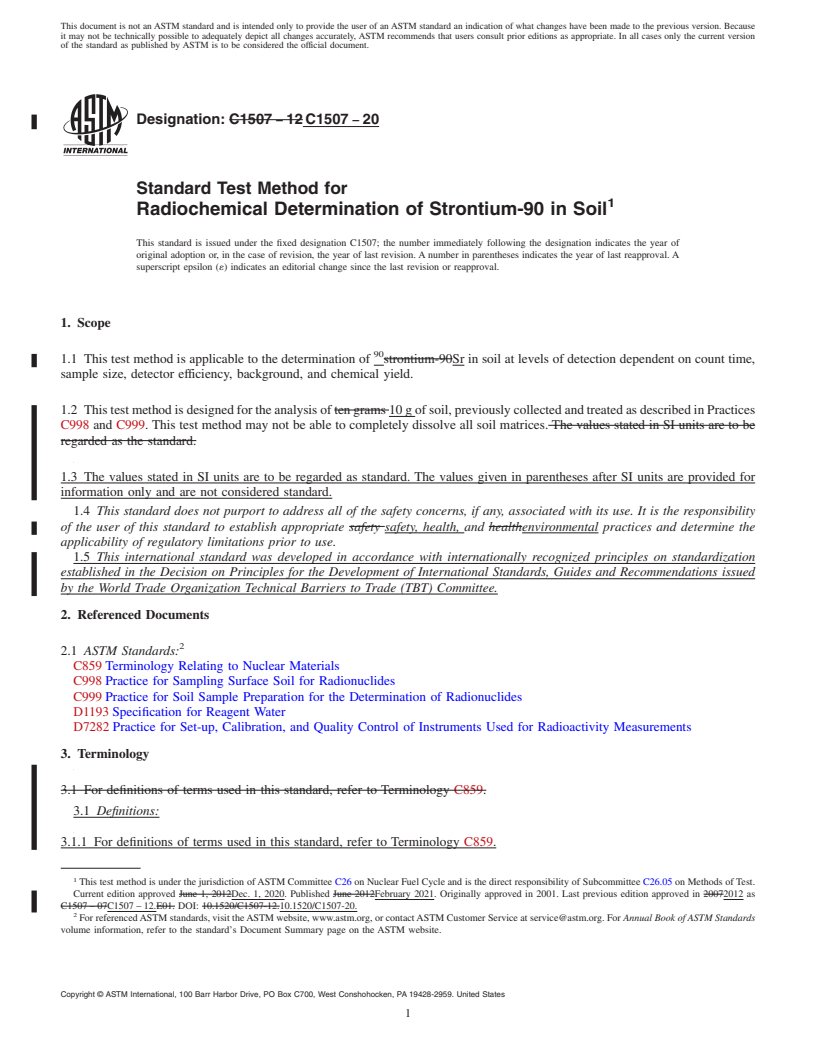 REDLINE ASTM C1507-20 - Standard Test Method for  Radiochemical Determination of Strontium-90 in Soil