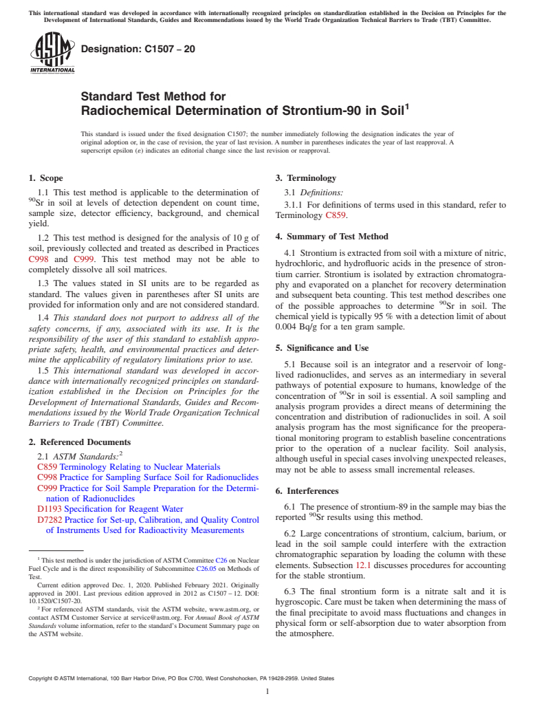 ASTM C1507-20 - Standard Test Method for  Radiochemical Determination of Strontium-90 in Soil