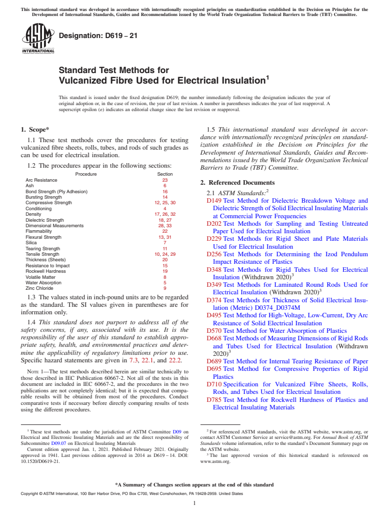 ASTM D619-21 - Standard Test Methods for  Vulcanized Fibre Used for Electrical Insulation