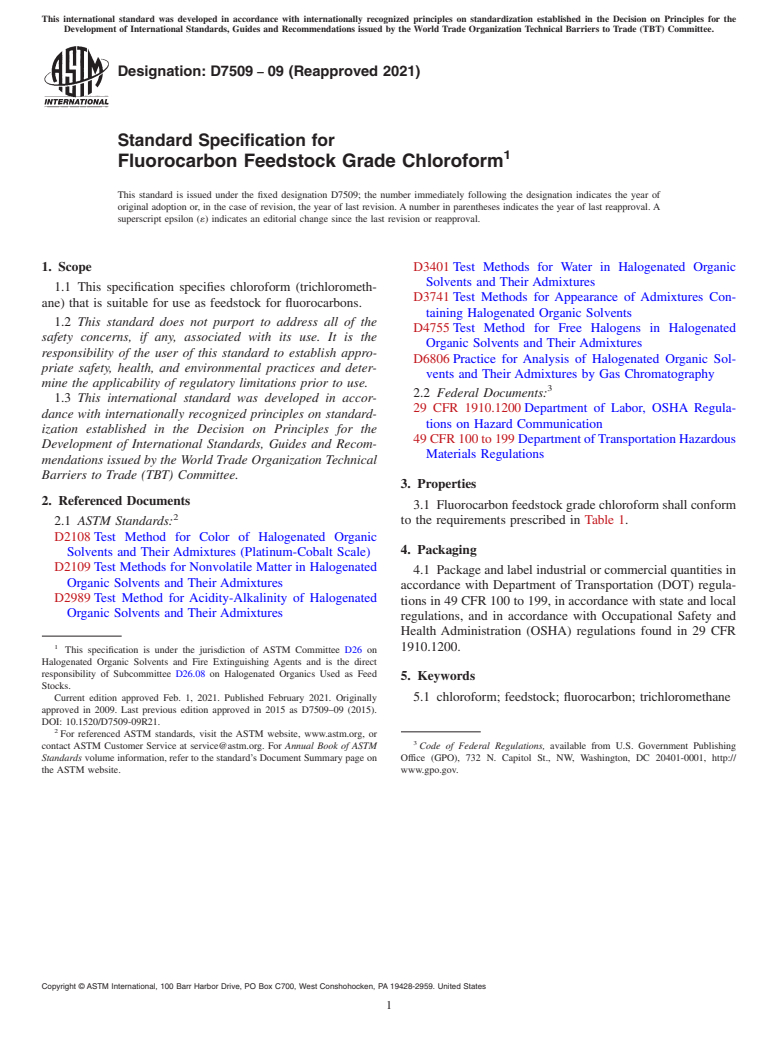 ASTM D7509-09(2021) - Standard Specification for Fluorocarbon Feedstock Grade Chloroform