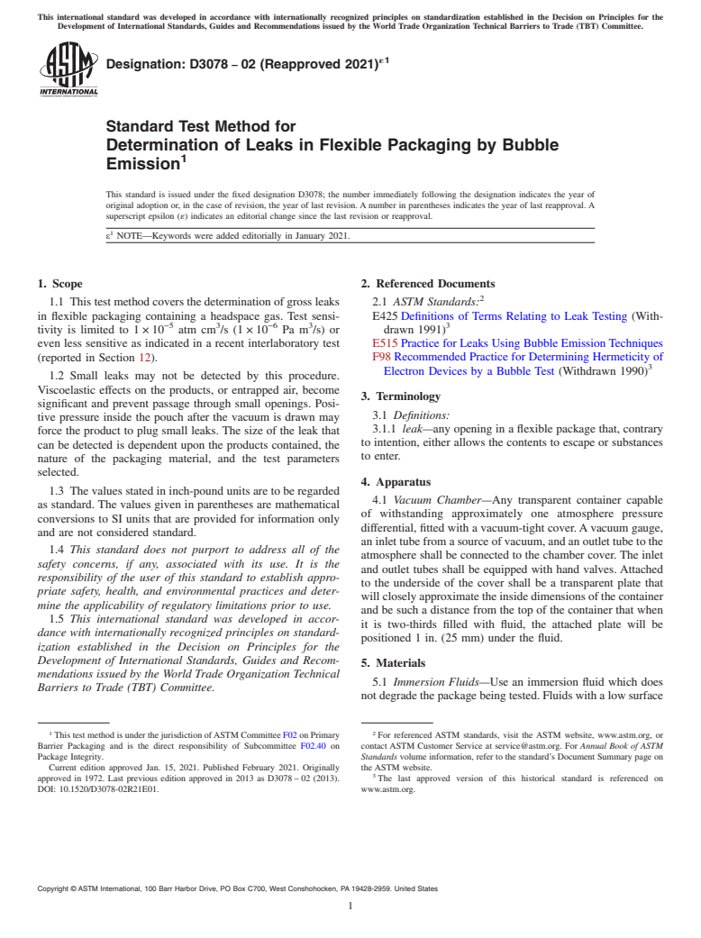 ASTM D3078-02(2021)e1 - Standard Test Method for  Determination of Leaks in Flexible Packaging by Bubble Emission