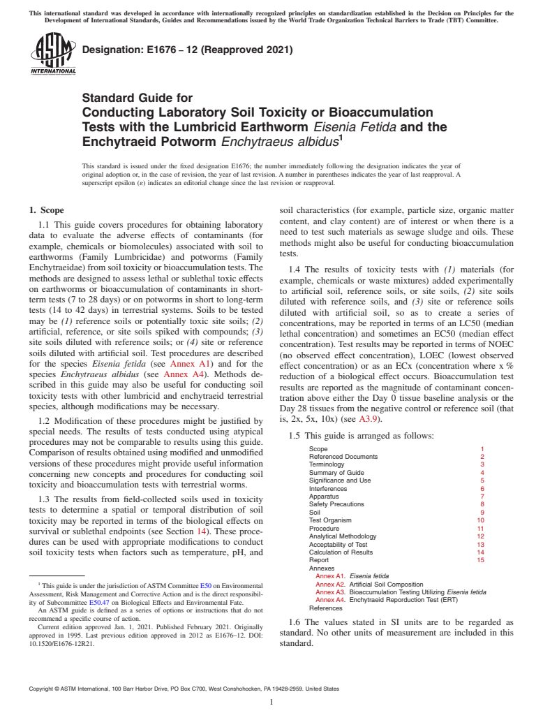 ASTM E1676-12(2021) - Standard Guide for  Conducting Laboratory Soil Toxicity or Bioaccumulation Tests  with the Lumbricid Earthworm <emph type="ital">Eisenia Fetida</emph  > and the Enchytraeid Potworm <emph type="ital">Enchytraeus albidus</emph  >