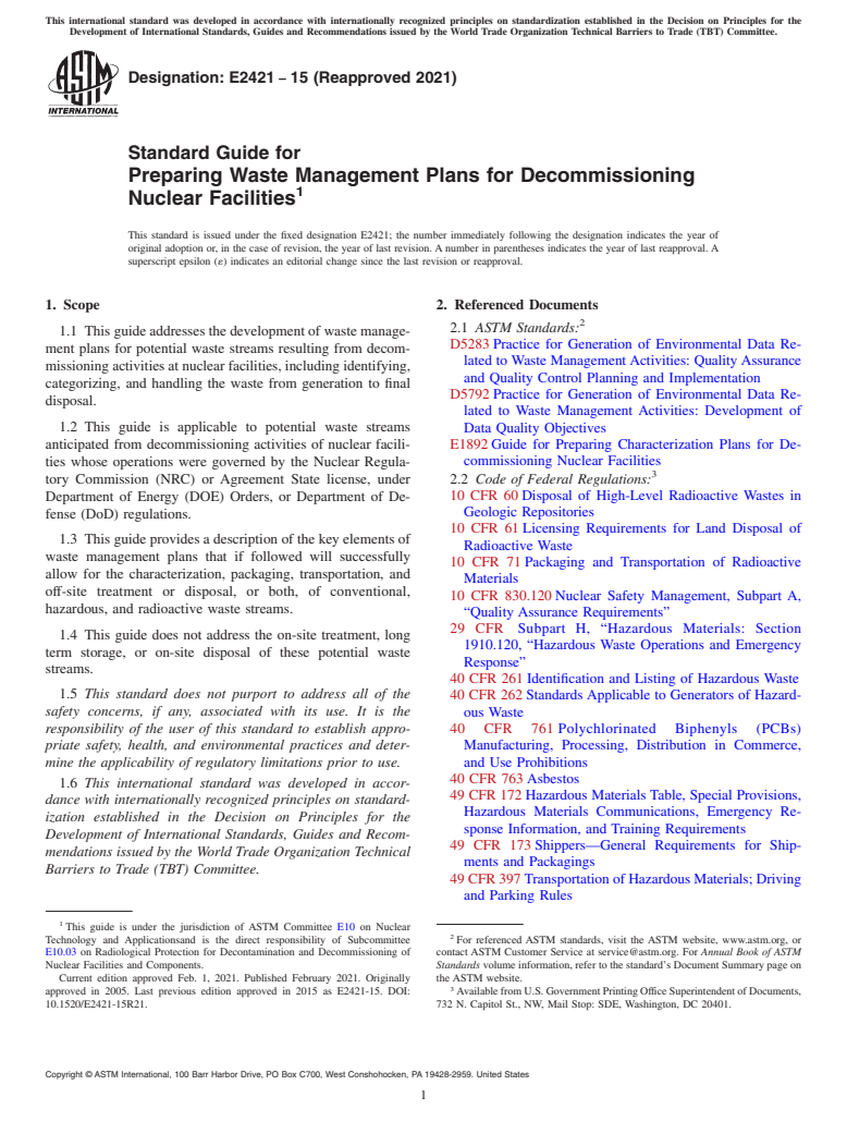 ASTM E2421-15(2021) - Standard Guide for  Preparing Waste Management Plans for Decommissioning Nuclear  Facilities