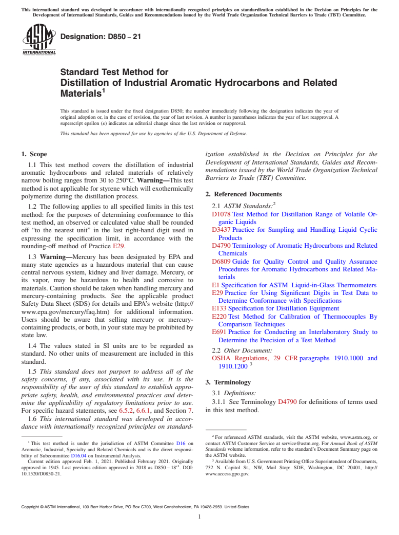 ASTM D850-21 - Standard Test Method for Distillation of Industrial Aromatic Hydrocarbons and Related   Materials