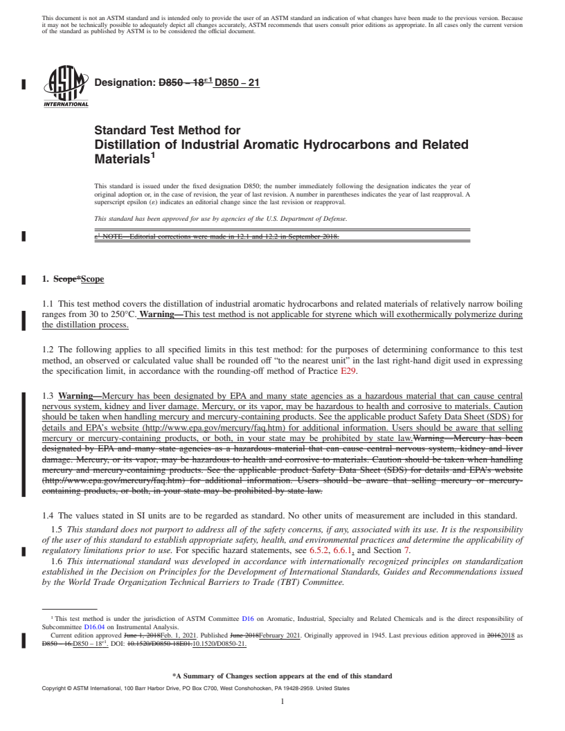 REDLINE ASTM D850-21 - Standard Test Method for Distillation of Industrial Aromatic Hydrocarbons and Related   Materials