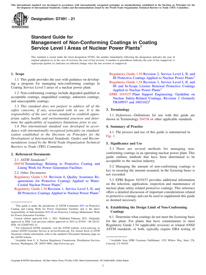 ASTM D7491-21 - Standard Guide for Management of Non-Conforming Coatings in Coating Service Level  I Areas of Nuclear Power Plants