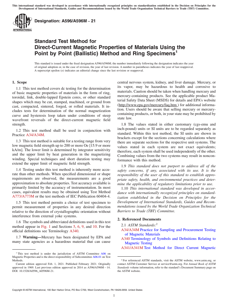 ASTM A596/A596M-21 - Standard Test Method for Direct-Current Magnetic Properties of Materials Using the Point  by Point (Ballistic) Method and Ring Specimens