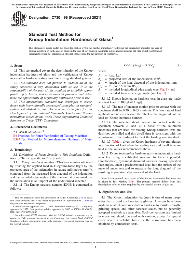 ASTM C730-98(2021) - Standard Test Method for Knoop Indentation Hardness of Glass