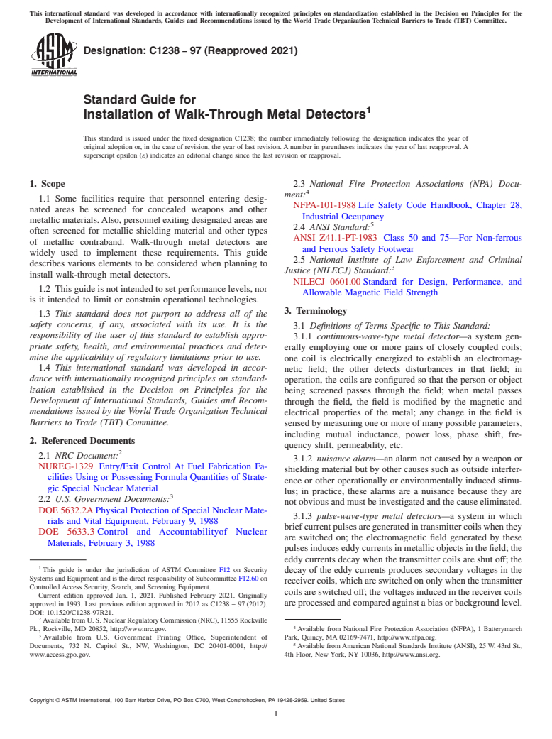 ASTM C1238-97(2021) - Standard Guide for  Installation of Walk-Through Metal Detectors